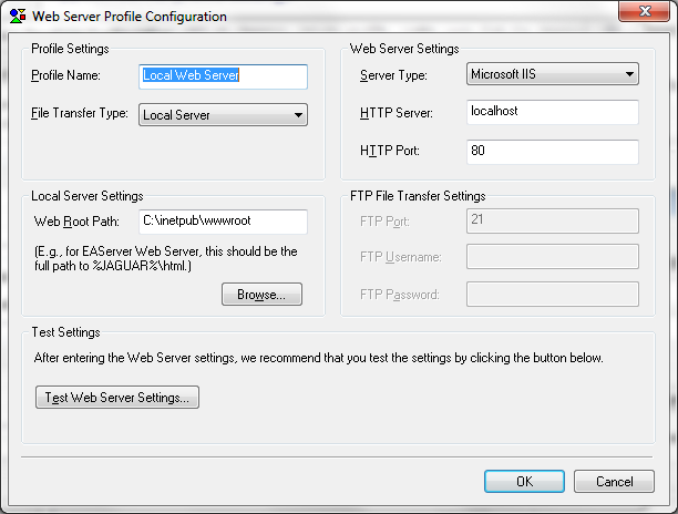 Web Server profile configuration window