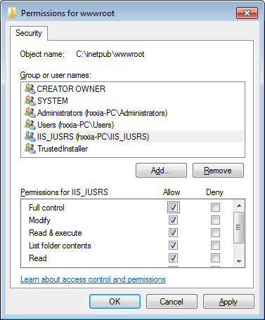 Select Full control for IIS_IUSRS