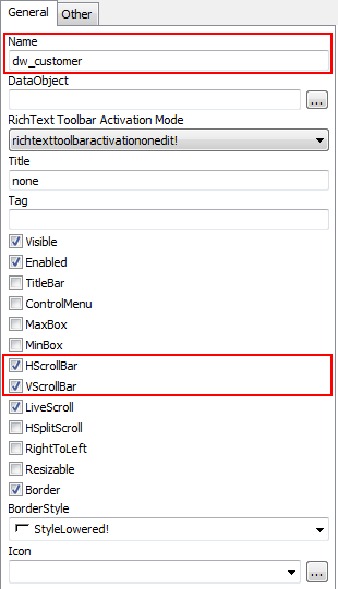 DataWindow control properties