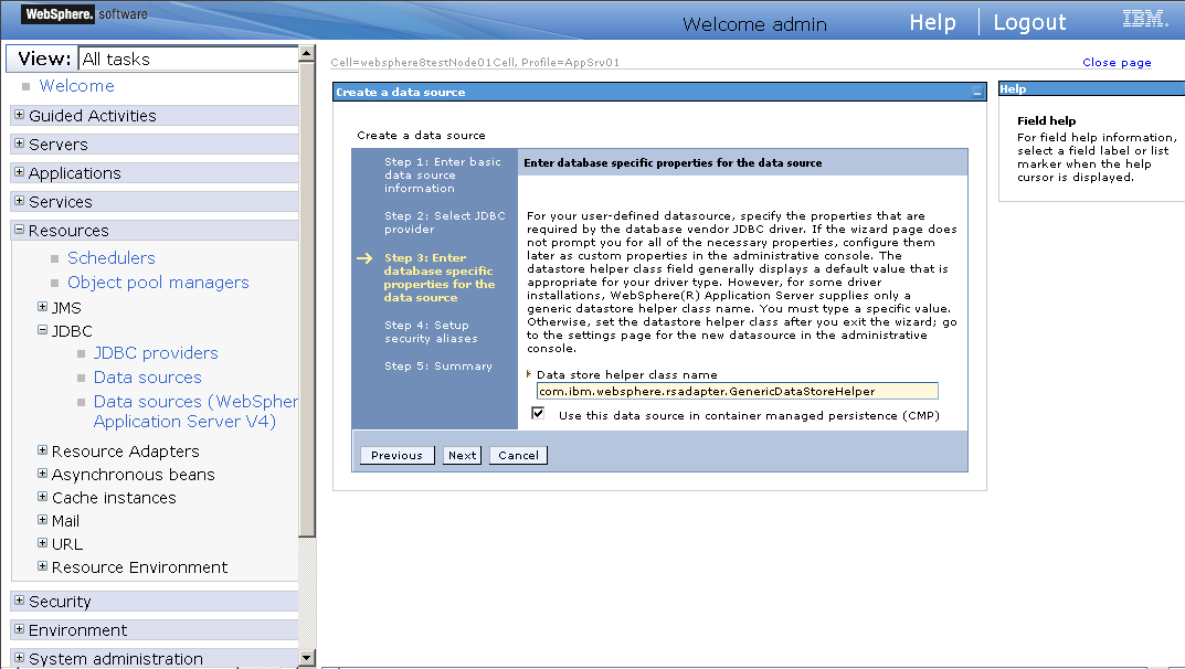 Enter database specific properties for the data source page