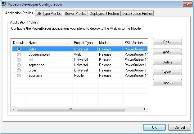 Appeon Developer Configuration Window