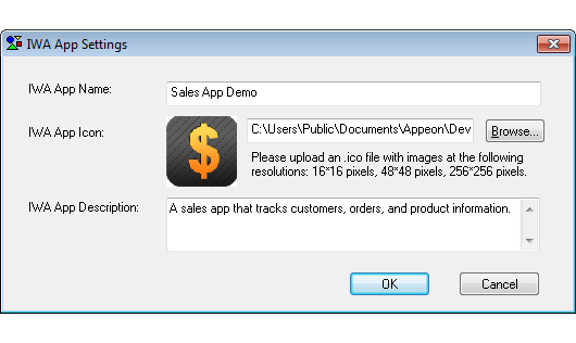 IWA App Settings dialog box