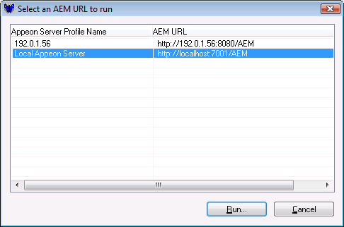 Select an AEM URL to run