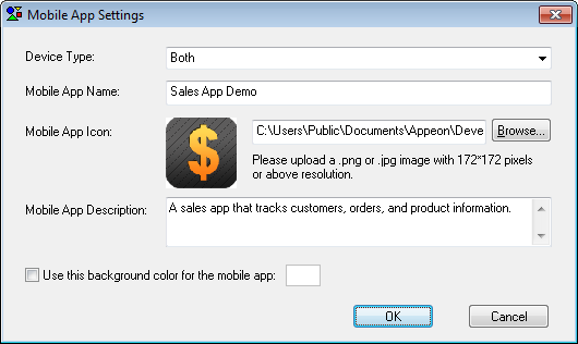 Mobile App Settings dialog box