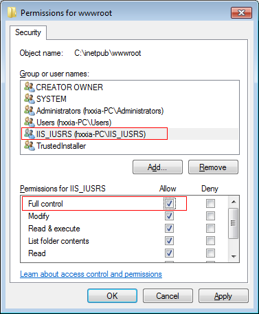 Select Full control for IIS_IUSRS