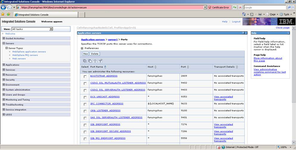 WebSphere console