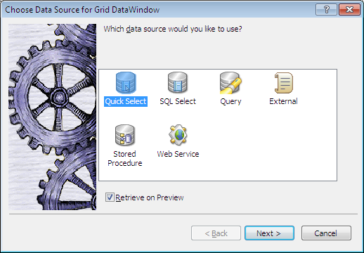 Choose Data Source for Grid DataWindow wizard