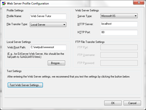 Web Server Profile Configuration window