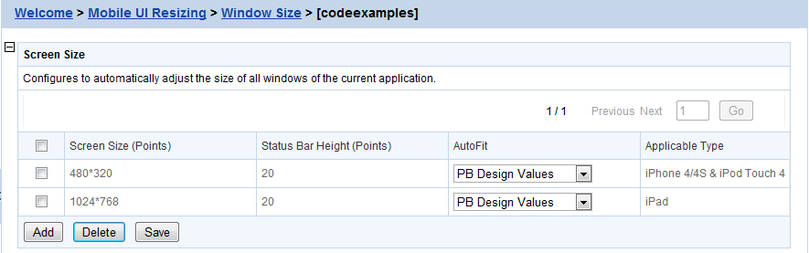 Screen size list