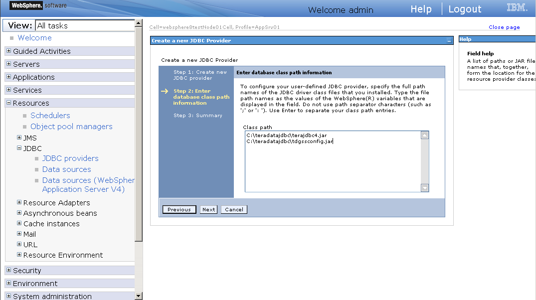 Enter database class path information page