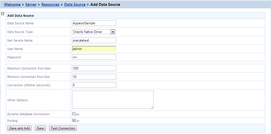 Settings for Oracle native driver