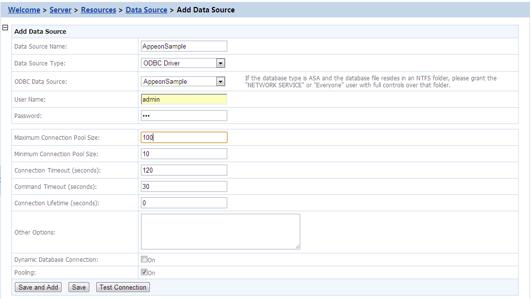 Settings for ODBC driver