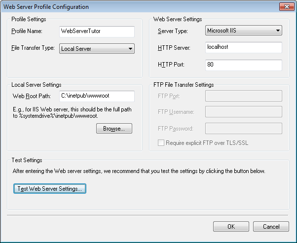 Web Server Profile Configuration window