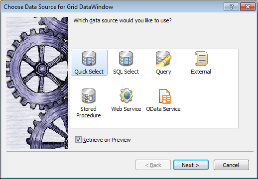 Choose Data Source for Grid DataWindow wizard