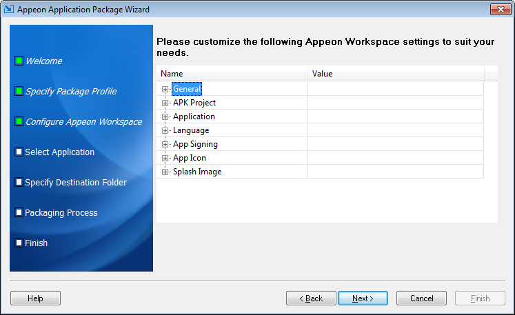 Workspace parameters for Android