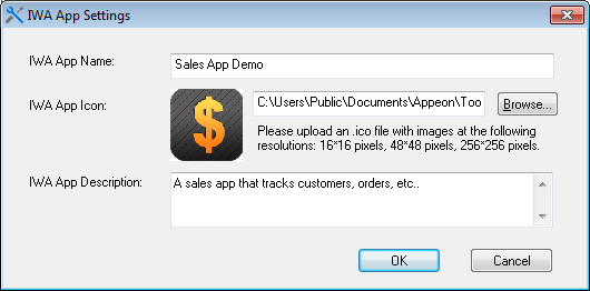 IWA App Settings dialog box