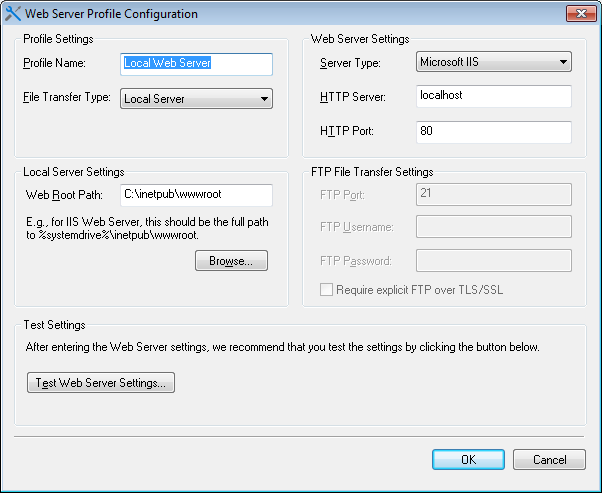 Web Server profile configuration window