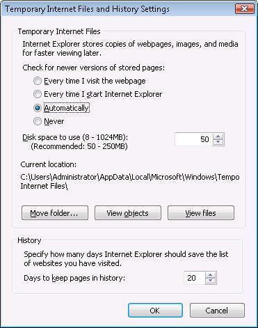 Temporary Internet File Settings