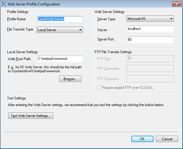 Web Server profile configuration window