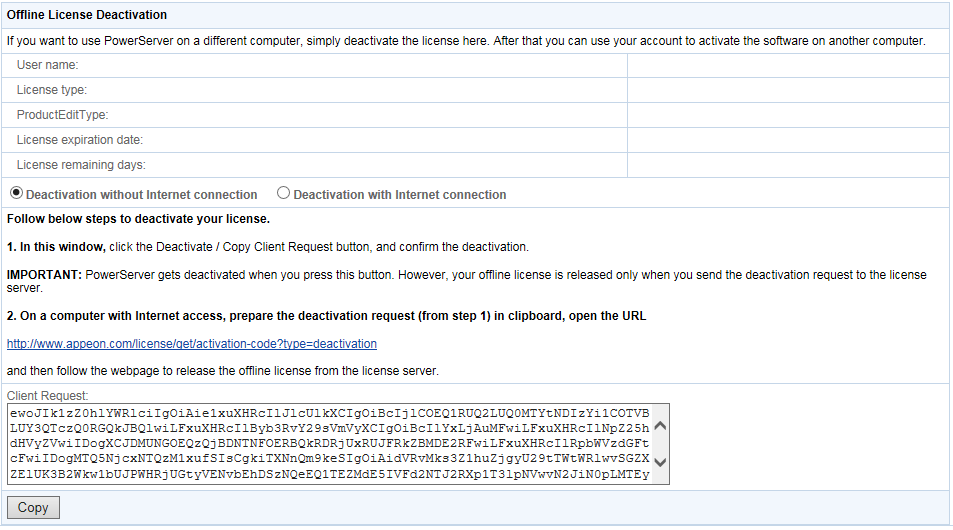 Deactivation request string