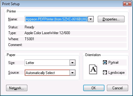 Print setup window