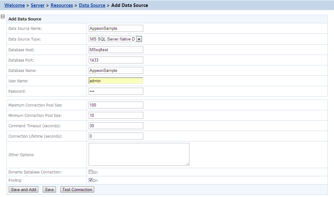 Data source settings for SQL Server native driver - - PowerServer ...