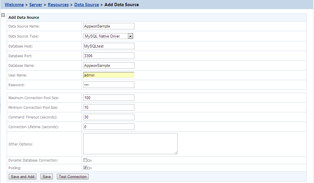 Data source settings for MySQL native driver - - PowerServer ...