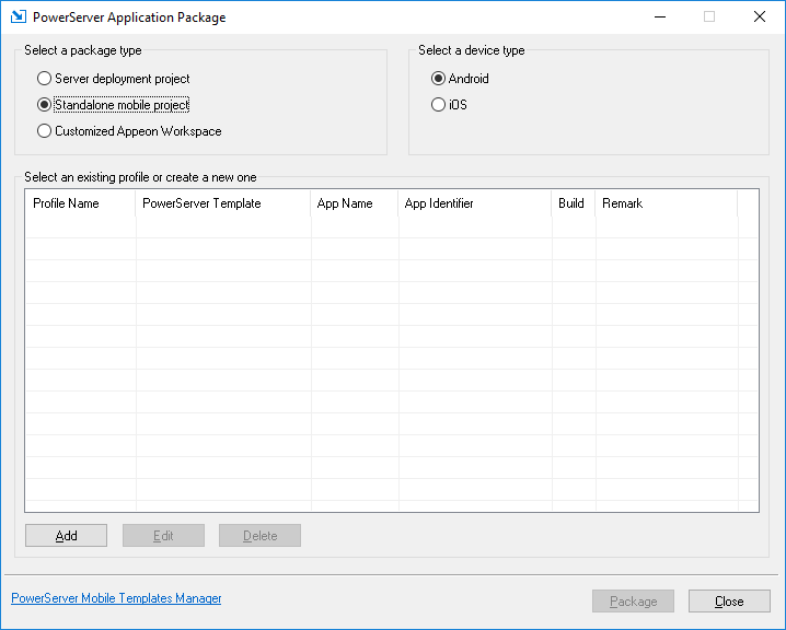 Select package type and device type