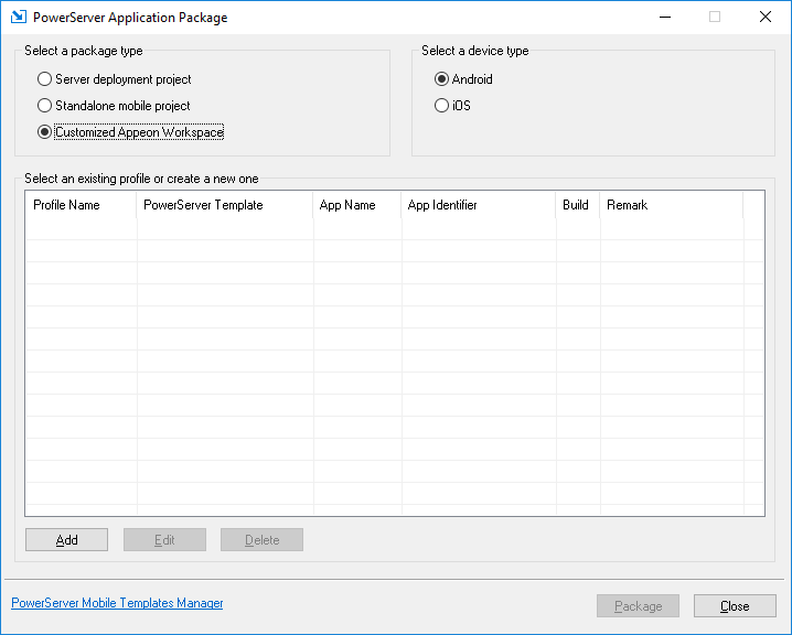 Select package type and device type