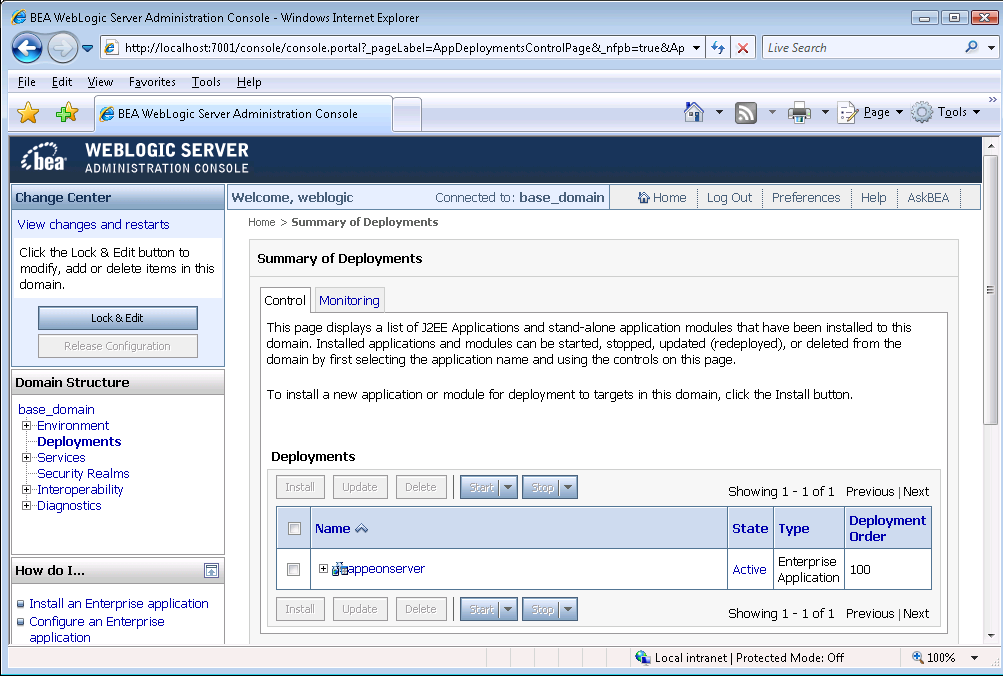 BEA WebLogic Server Administration Console