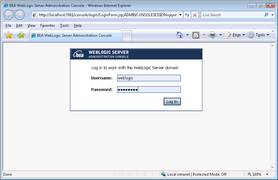 WebSphere Login window