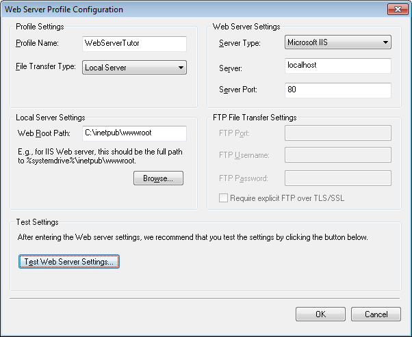 Web Server Profile Configuration window