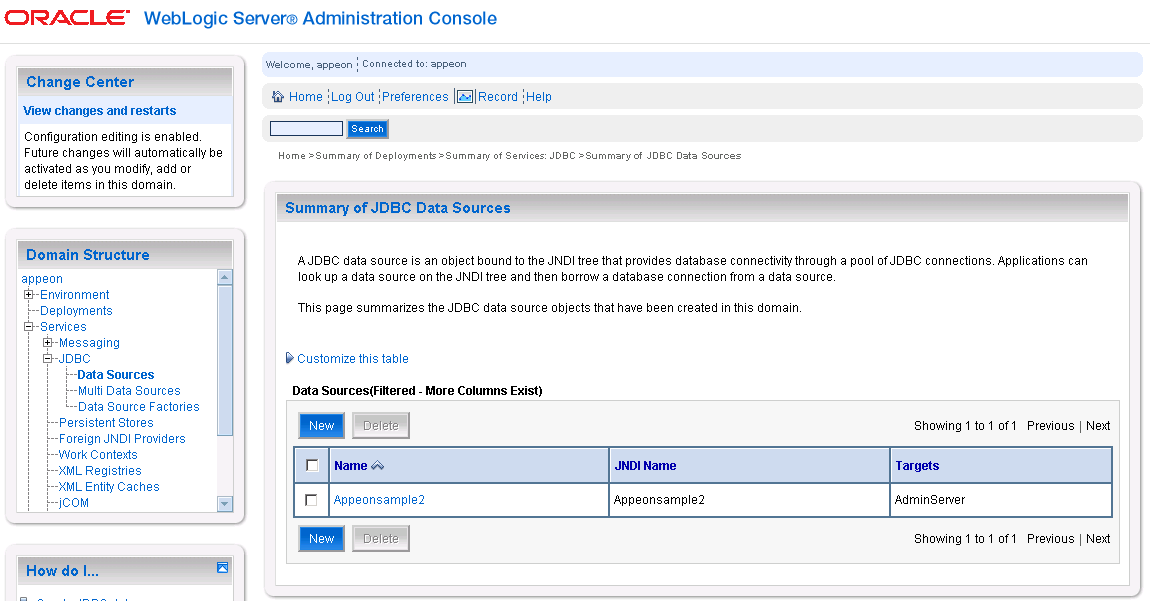 The Summary of JDBC Data sources page