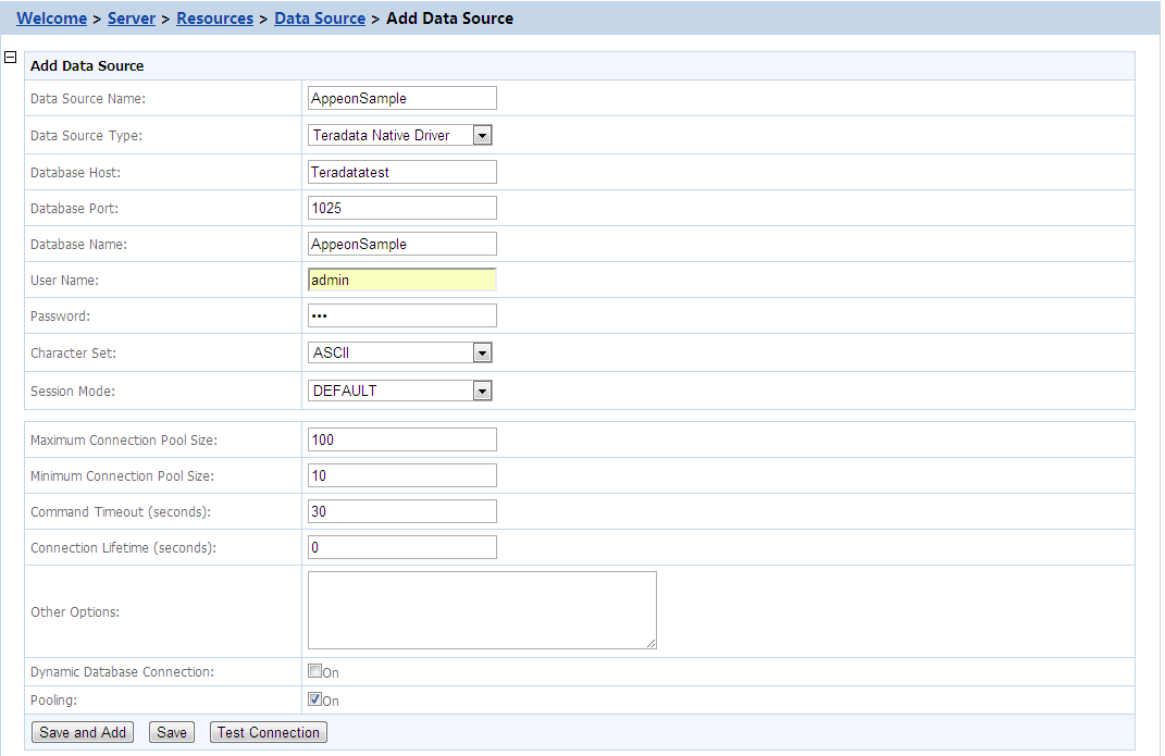 Data source settings for Teradata native driver - - PowerServer ...