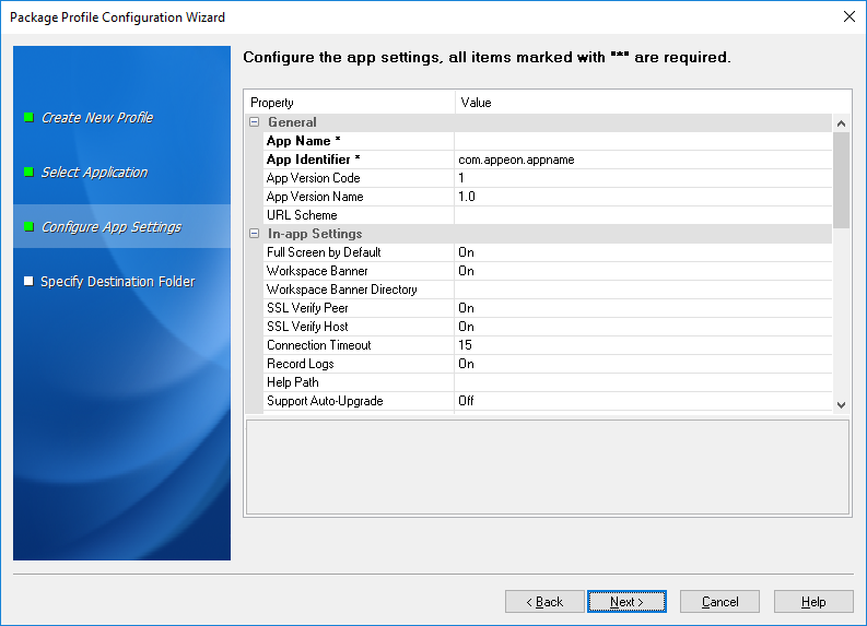 Workspace parameters for Android