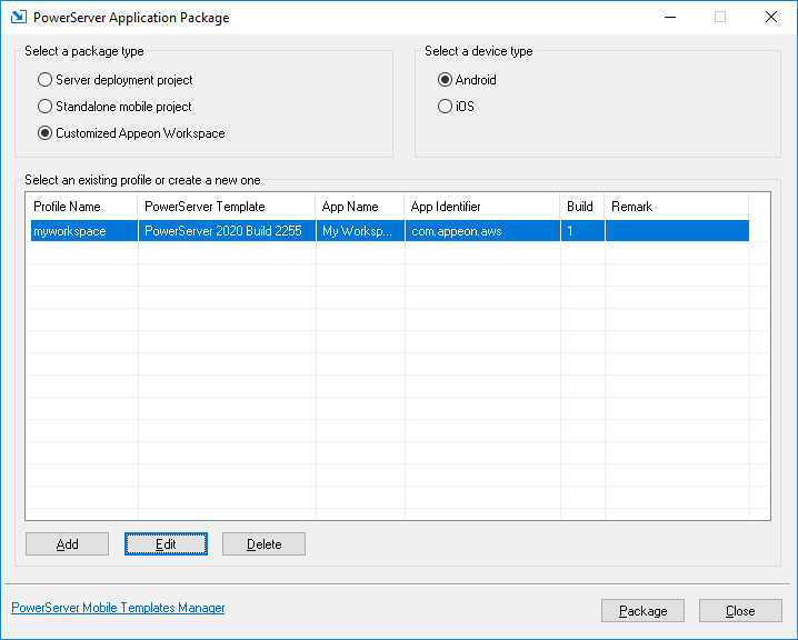 Specify package type, device type, profile