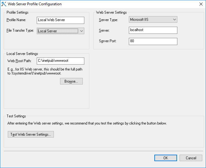 Web Server profile configuration window