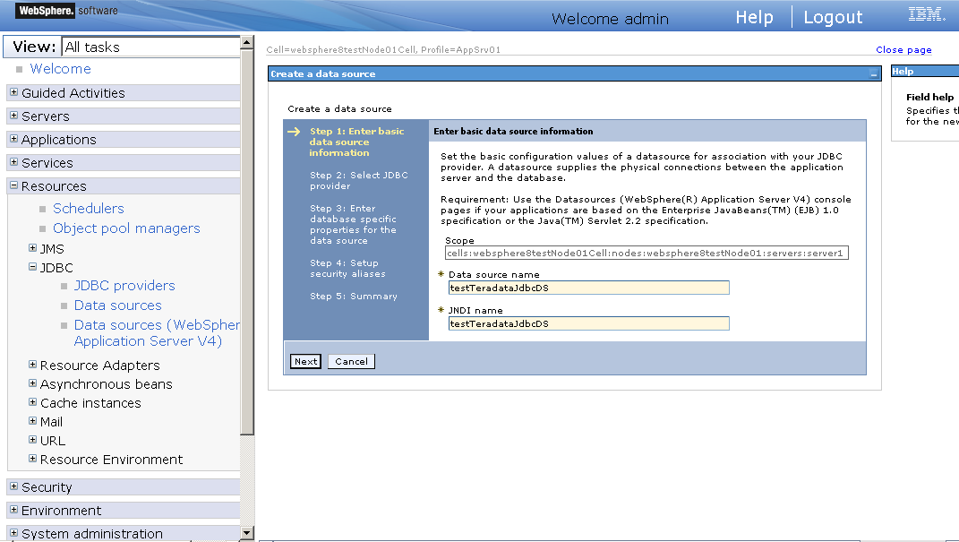 Enter basic data source information page