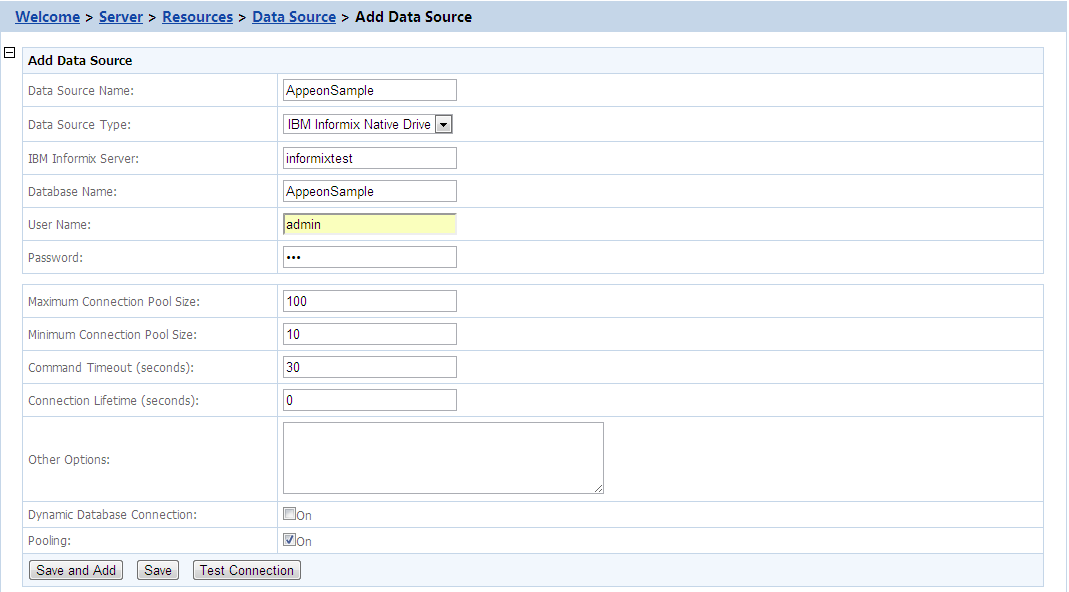 Data source settings for Informix native driver - - PowerServer ...