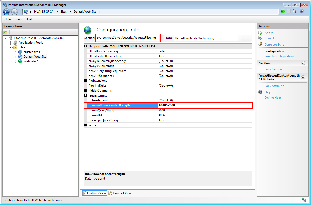 requestFiltering -> maxAllowedContentLength