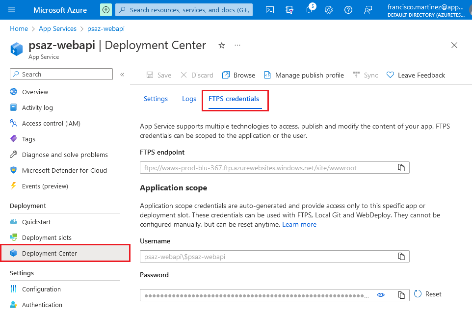 Azure Web App FTPS credentials