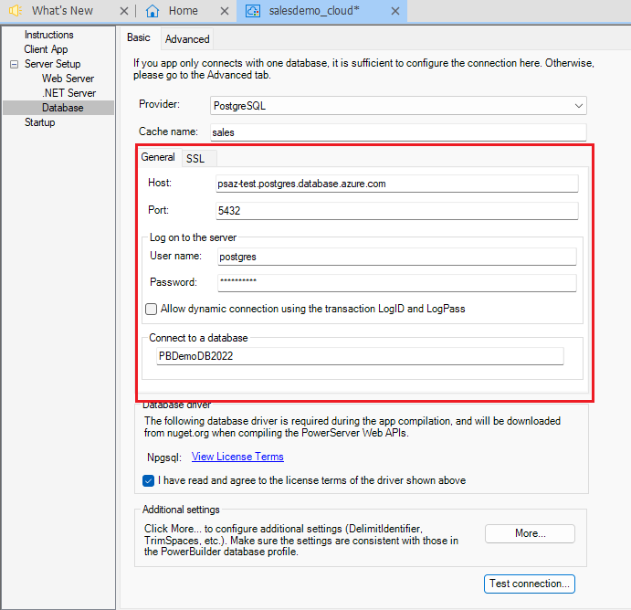 Configuring the database connection information