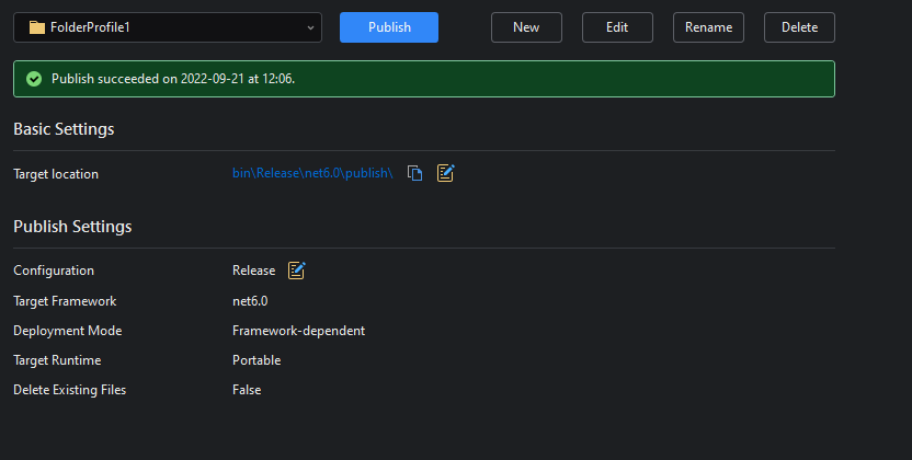 SnapDevelop project publishing settings overview