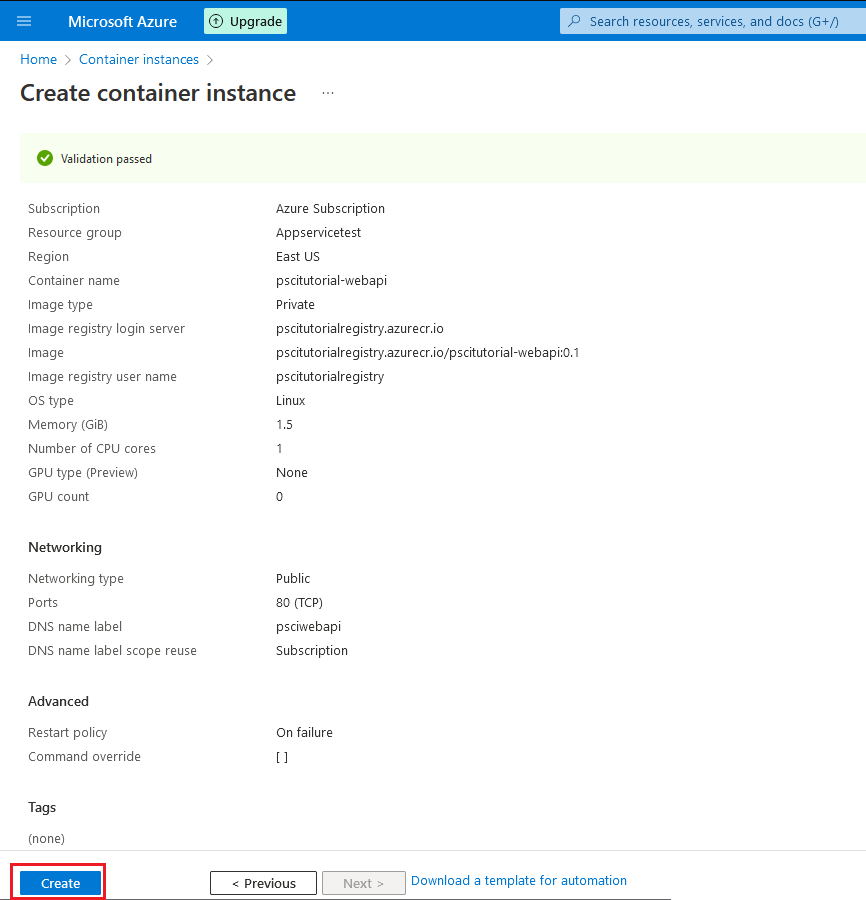 Reviewing Container Instance configuration