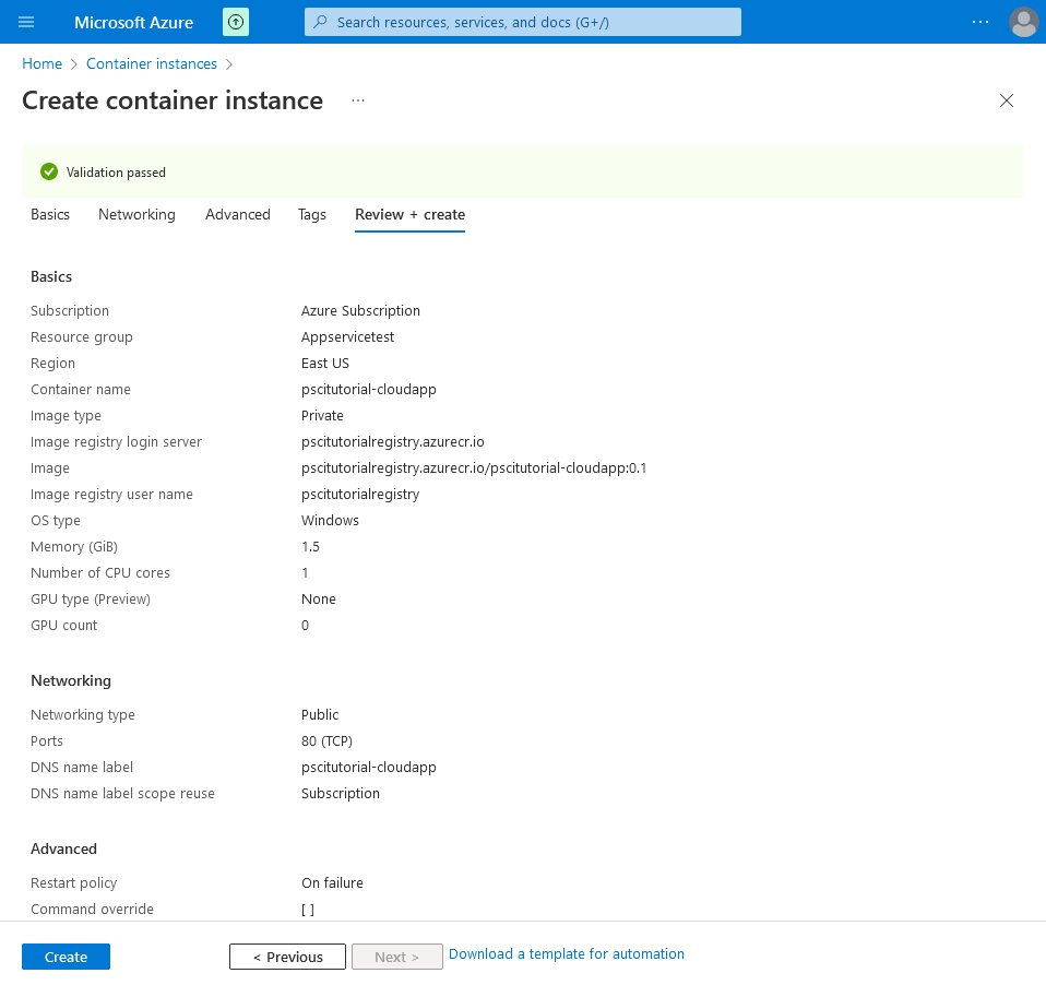 Reviewing the Cloud App Container Instance settings