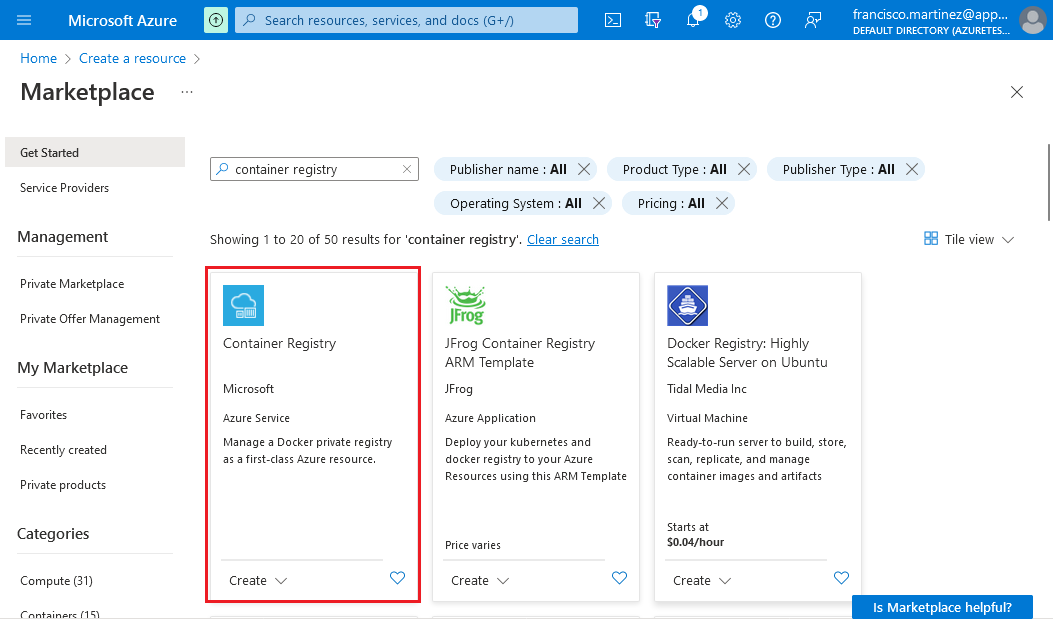 Container Repository in Azure Marketplace