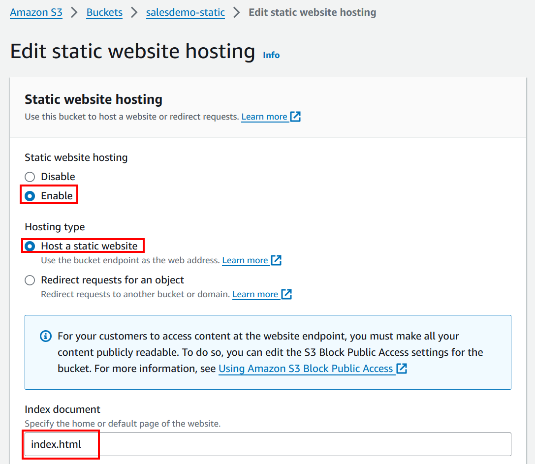 Configuring Static website hosting settings