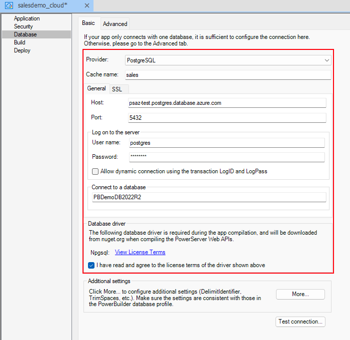 Configuring the database connection information