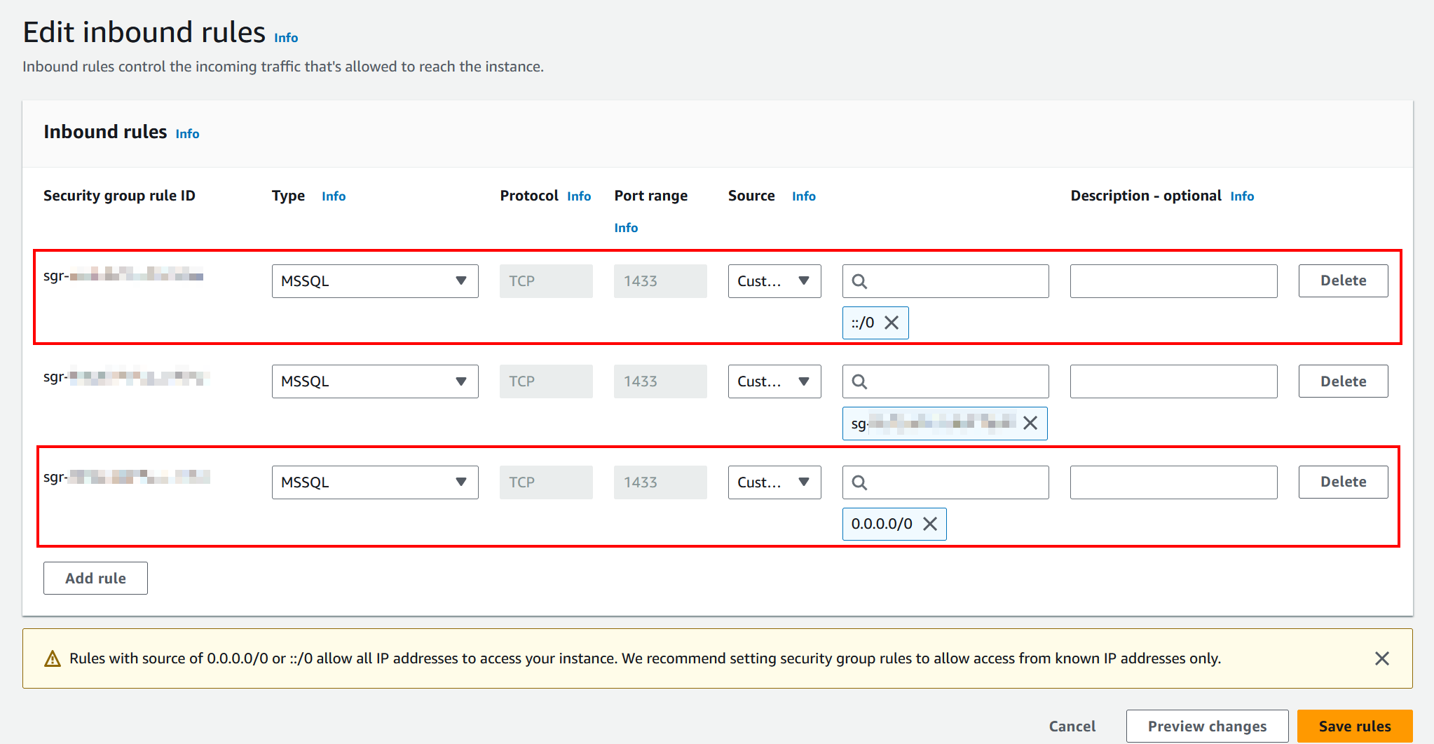 Security group rules to delete