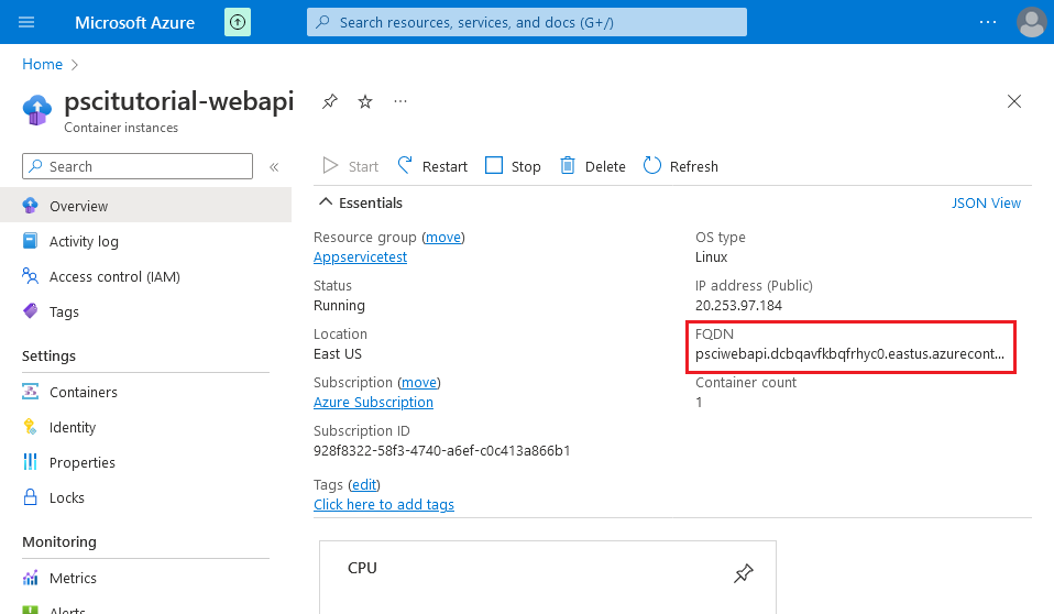 Container Instance IP Address